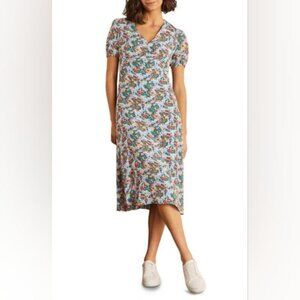 Boden Tessa Floral Print Midi Blue Pink Floral V-Neck Short Sleeve Dress Sz 10 R